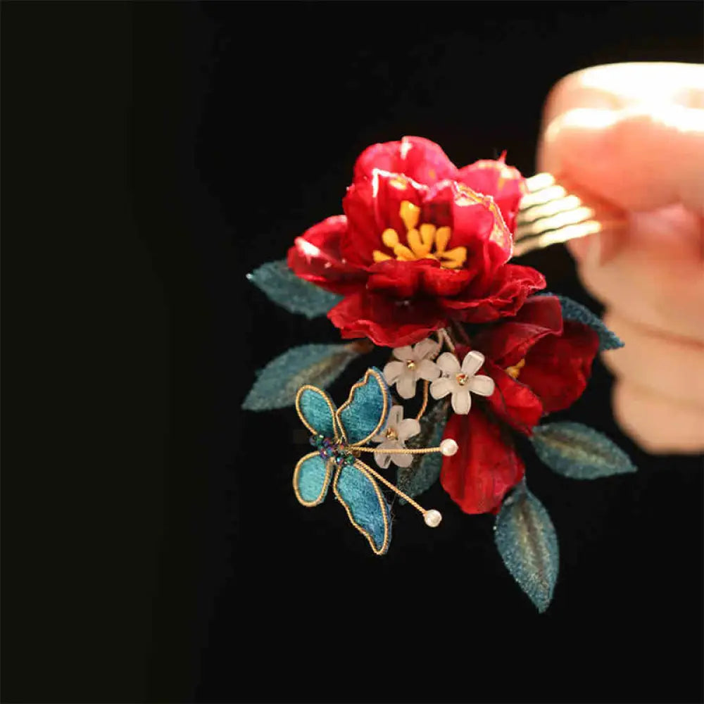 Buddha Stones Chinese Style Red Camellia Butterfly Hair Clip Hair Comb Hairpin Barrette Accessory - Red Camellia Hair