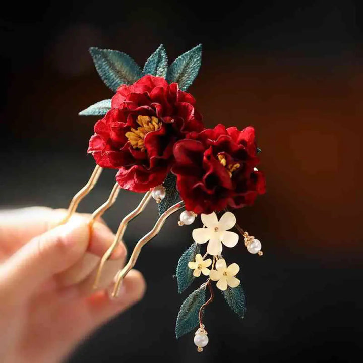 Buddha Stones Chinese Style Red Camellia Butterfly Hair Clip Hair Comb Hairpin Barrette Accessory - Two Red Camellia