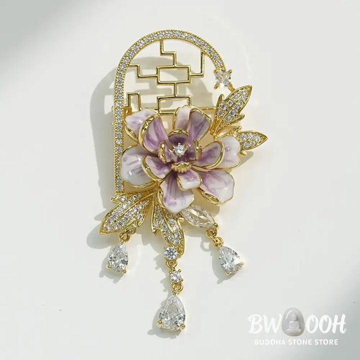 Buddha Stones Chinese-style Window Purple Peony Flower Tassel Copper Brooch - Purple Peony Flower About 13.3*9.2*8.4cm