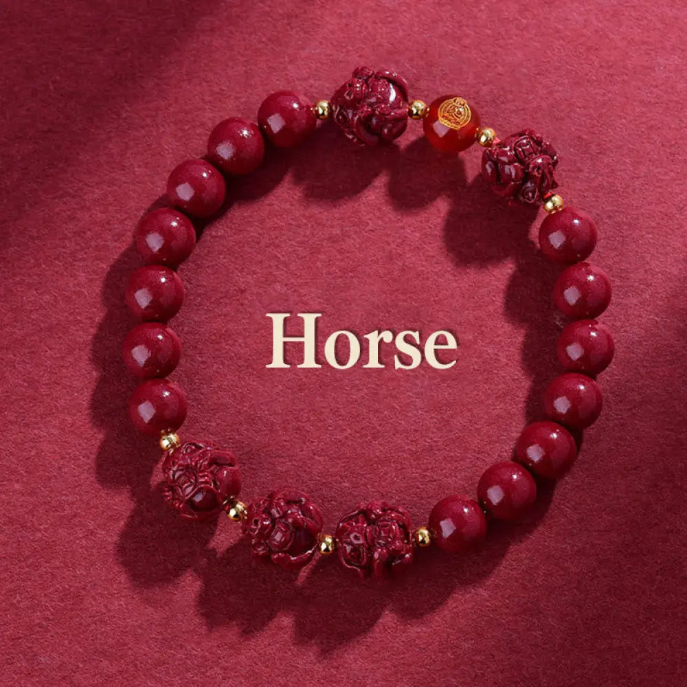 Buddha Stones Chinese Zodiac Cinnabar Keep Away Evil Spirits Blessing Bracelet - BWOOOH - Horse / Cinnabar(8mm)