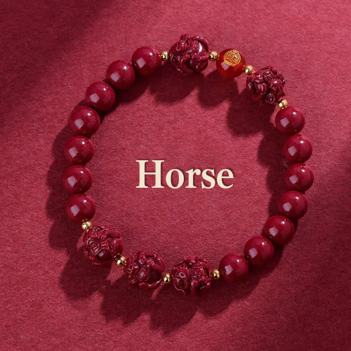 Buddha Stones Chinese Zodiac Cinnabar Keep Away Evil Spirits Blessing Bracelet - BWOOOH - Horse / Cinnabar(8mm)