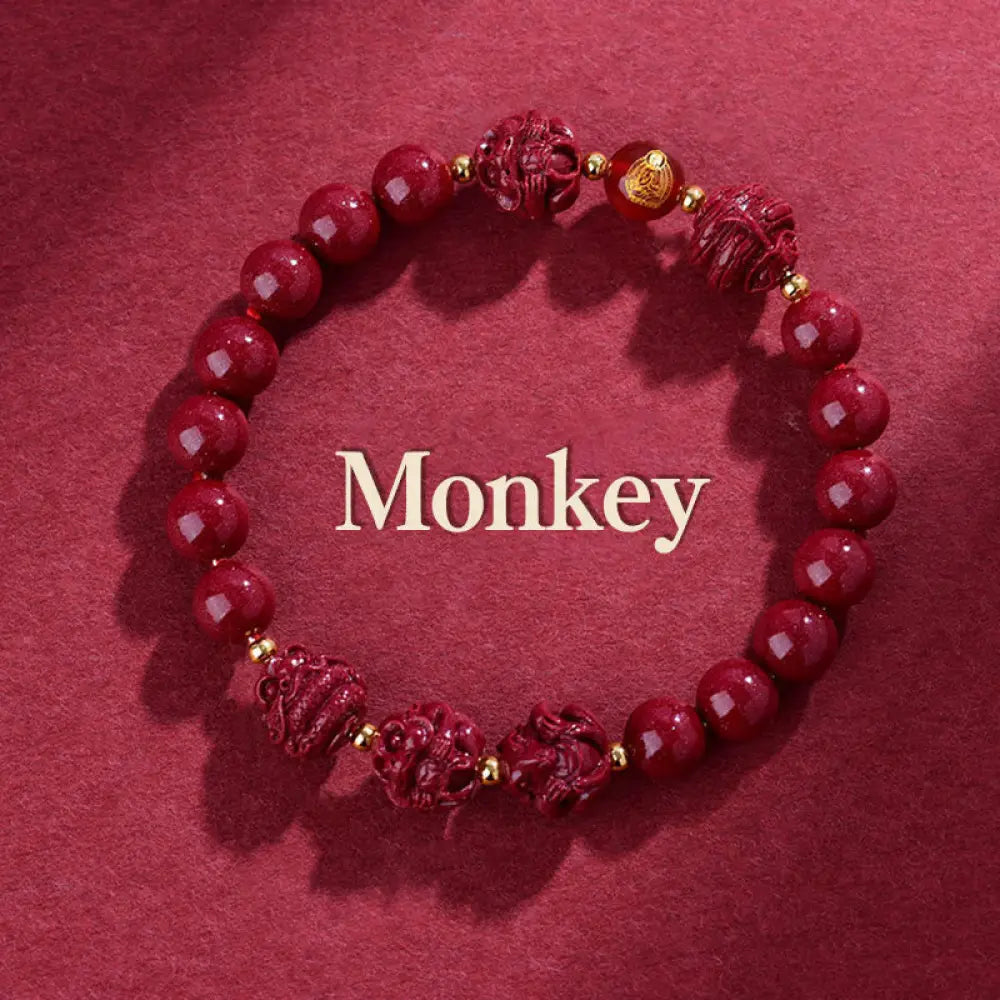 Buddha Stones Chinese Zodiac Cinnabar Keep Away Evil Spirits Blessing Bracelet - BWOOOH - Monkey / Cinnabar(8mm)