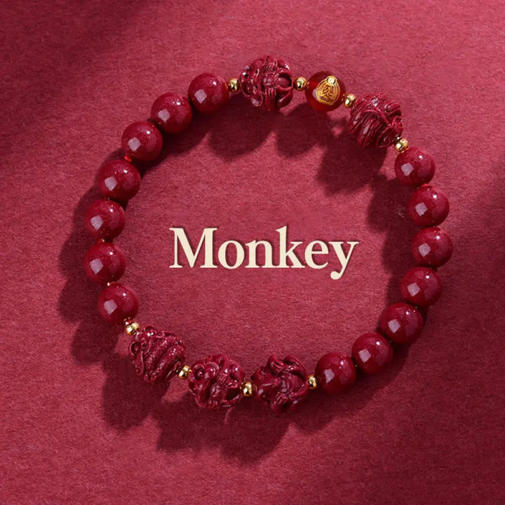 Buddha Stones Chinese Zodiac Cinnabar Keep Away Evil Spirits Blessing Bracelet - BWOOOH - Monkey / Cinnabar(8mm)
