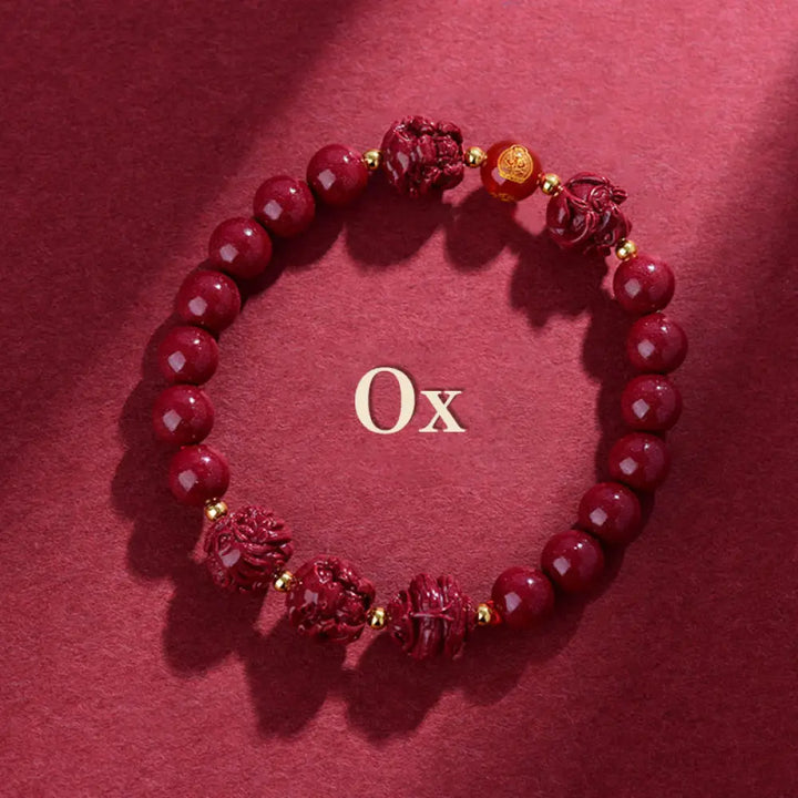 Buddha Stones Chinese Zodiac Cinnabar Keep Away Evil Spirits Blessing Bracelet - BWOOOH - Ox / Cinnabar(8mm) - Bracelet