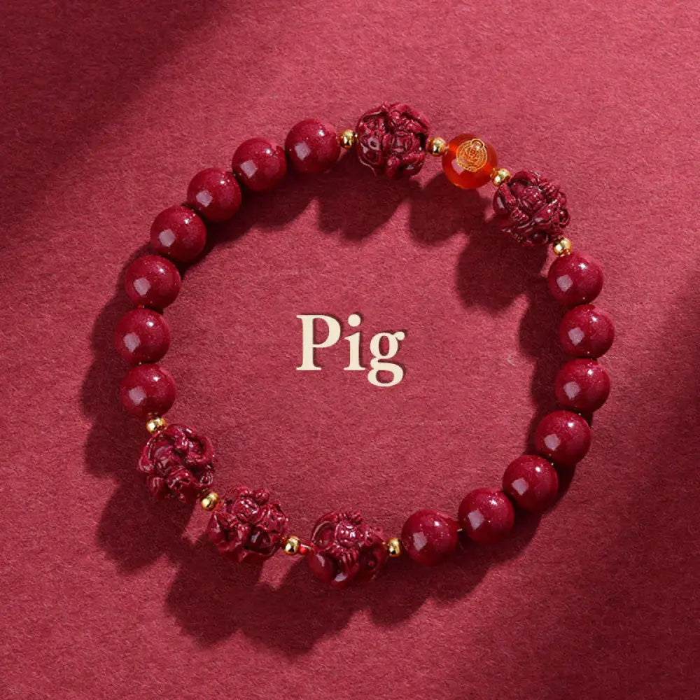 Buddha Stones Chinese Zodiac Cinnabar Keep Away Evil Spirits Blessing Bracelet - BWOOOH - Pig / Cinnabar(8mm) - Bracelet
