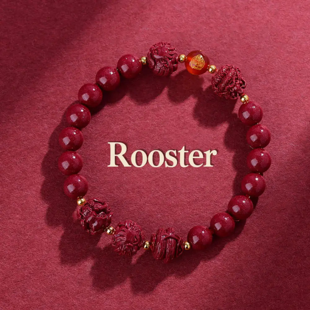 Buddha Stones Chinese Zodiac Cinnabar Keep Away Evil Spirits Blessing Bracelet - BWOOOH - Rooster / Cinnabar(8mm)