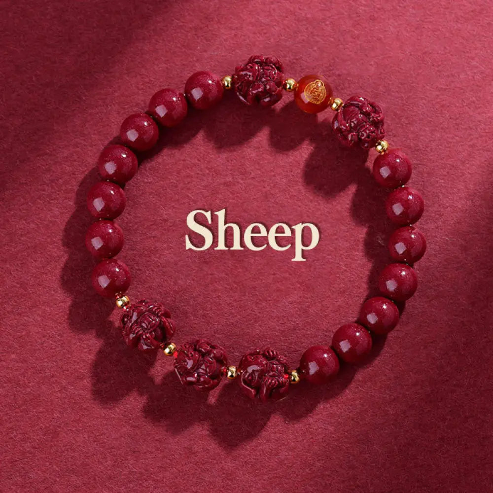 Buddha Stones Chinese Zodiac Cinnabar Keep Away Evil Spirits Blessing Bracelet - BWOOOH - Sheep / Cinnabar(8mm)