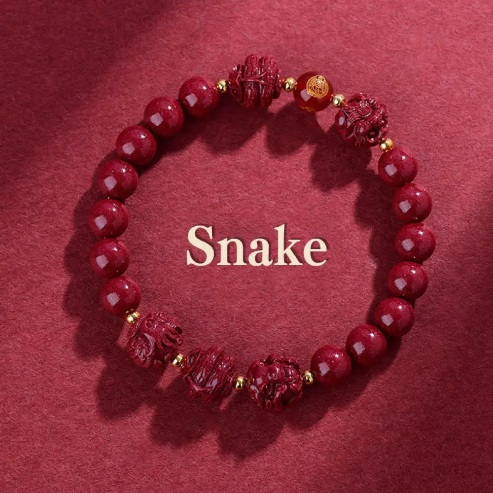 Buddha Stones Chinese Zodiac Cinnabar Keep Away Evil Spirits Blessing Bracelet - BWOOOH - Snake / Cinnabar(8mm)