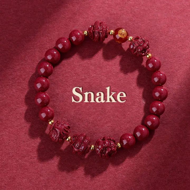 Buddha Stones Chinese Zodiac Cinnabar Keep Away Evil Spirits Blessing Bracelet - BWOOOH - Snake / Cinnabar(8mm)