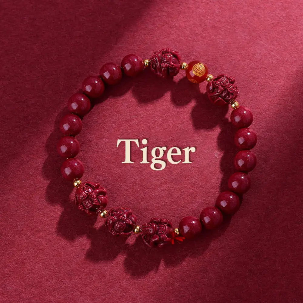 Buddha Stones Chinese Zodiac Cinnabar Keep Away Evil Spirits Blessing Bracelet - BWOOOH - Tiger / Cinnabar(8mm)