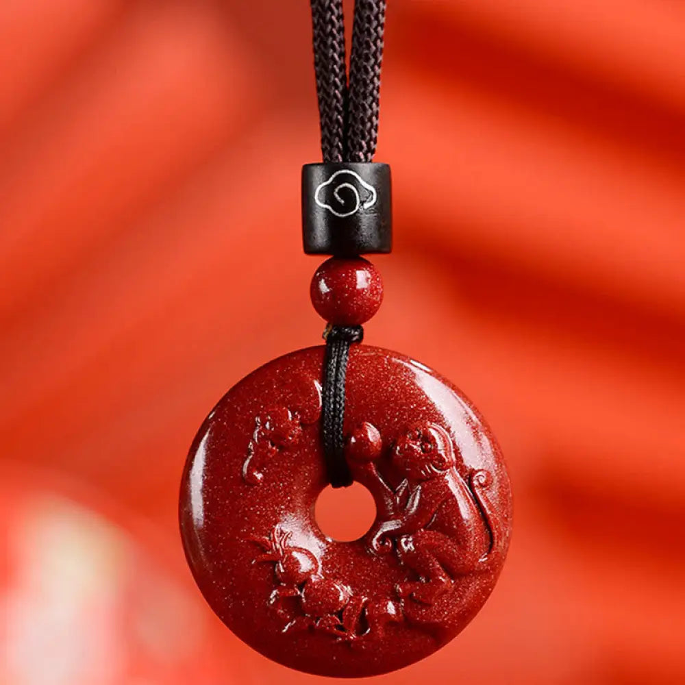 Buddha Stones Chinese Zodiac Cinnabar Peace Buckle Calm Necklace Pendant - BWOOOH - Monkey / Small 28*8mm - Necklaces &amp;