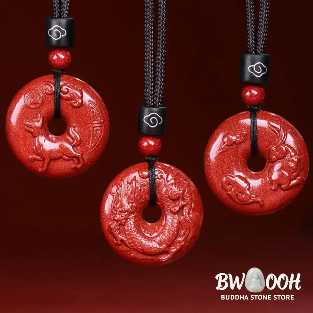 Buddha Stones Chinese Zodiac Cinnabar Peace Buckle Calm Necklace Pendant - BWOOOH - Necklaces &amp; Pendants