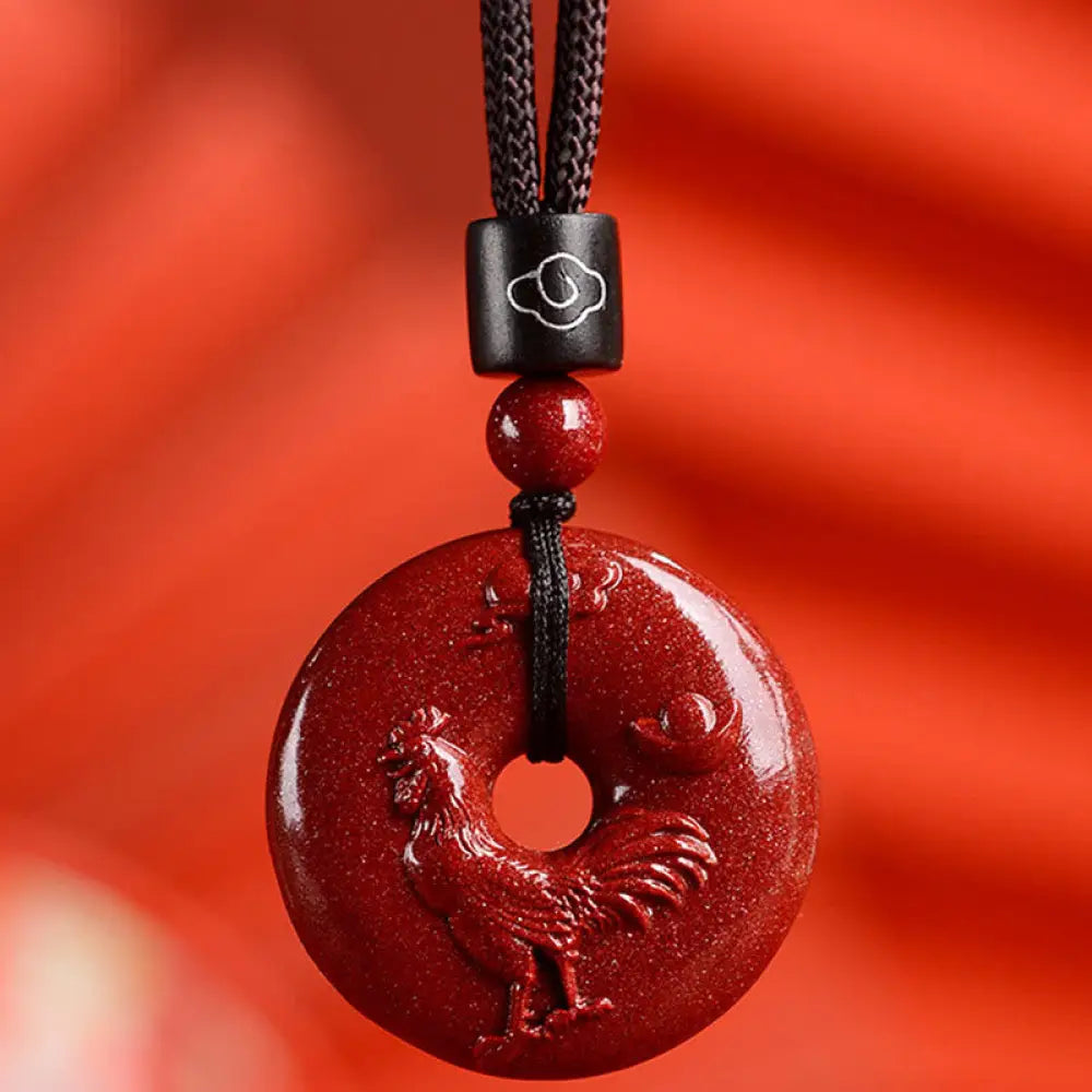 Buddha Stones Chinese Zodiac Cinnabar Peace Buckle Calm Necklace Pendant - BWOOOH - Rooster / Small 28*8mm - Necklaces