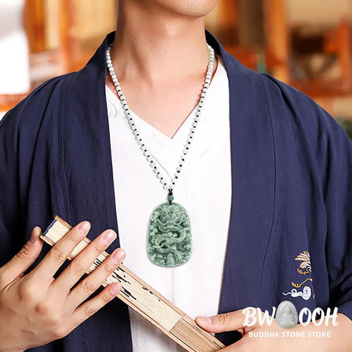 Buddha Stones Chinese Zodiac Dragon Jade Prosperity Necklace Bead String Pendant - BWOOOH - Jade - Necklaces &amp; Pendants