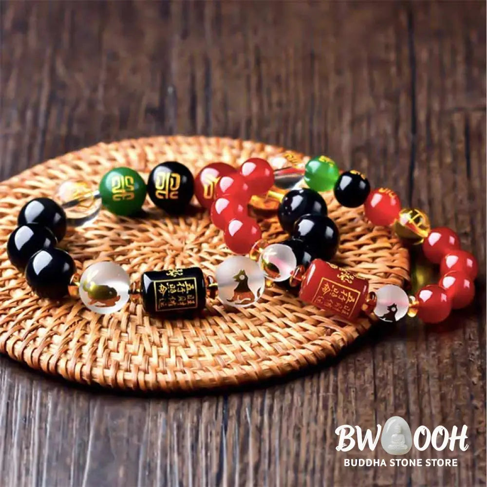 Buddha Stones Chinese Zodiac Feng Shui Obsidian Five-Element Wealth Porsperity Bracelet - BWOOOH - Bracelet