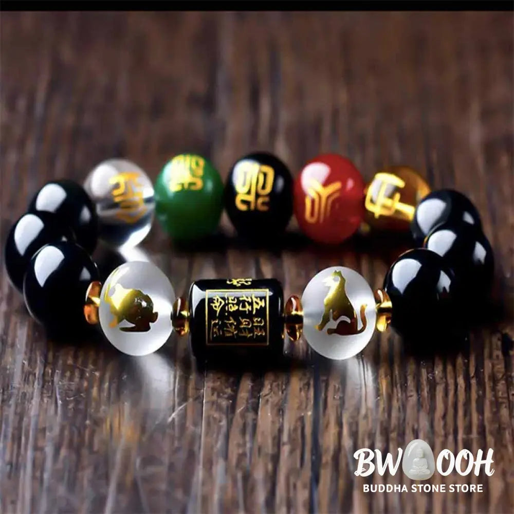 Buddha Stones Chinese Zodiac Feng Shui Obsidian Five-Element Wealth Porsperity Bracelet - BWOOOH - Bracelet