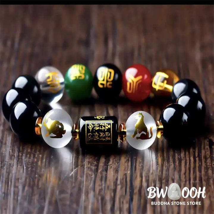 Buddha Stones Chinese Zodiac Feng Shui Obsidian Five-Element Wealth Porsperity Bracelet - BWOOOH - Bracelet