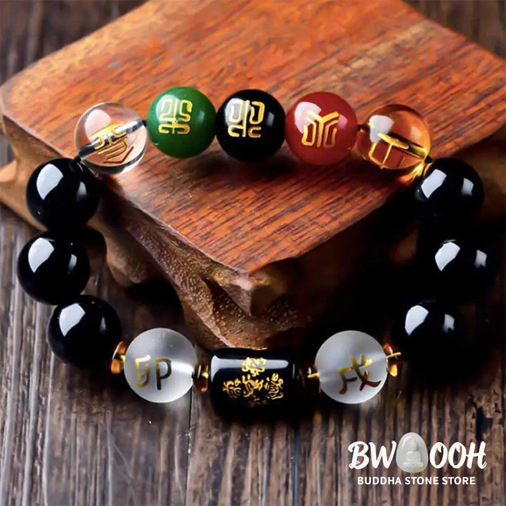 Buddha Stones Chinese Zodiac Feng Shui Obsidian Five-Element Wealth Porsperity Bracelet - BWOOOH - Bracelet