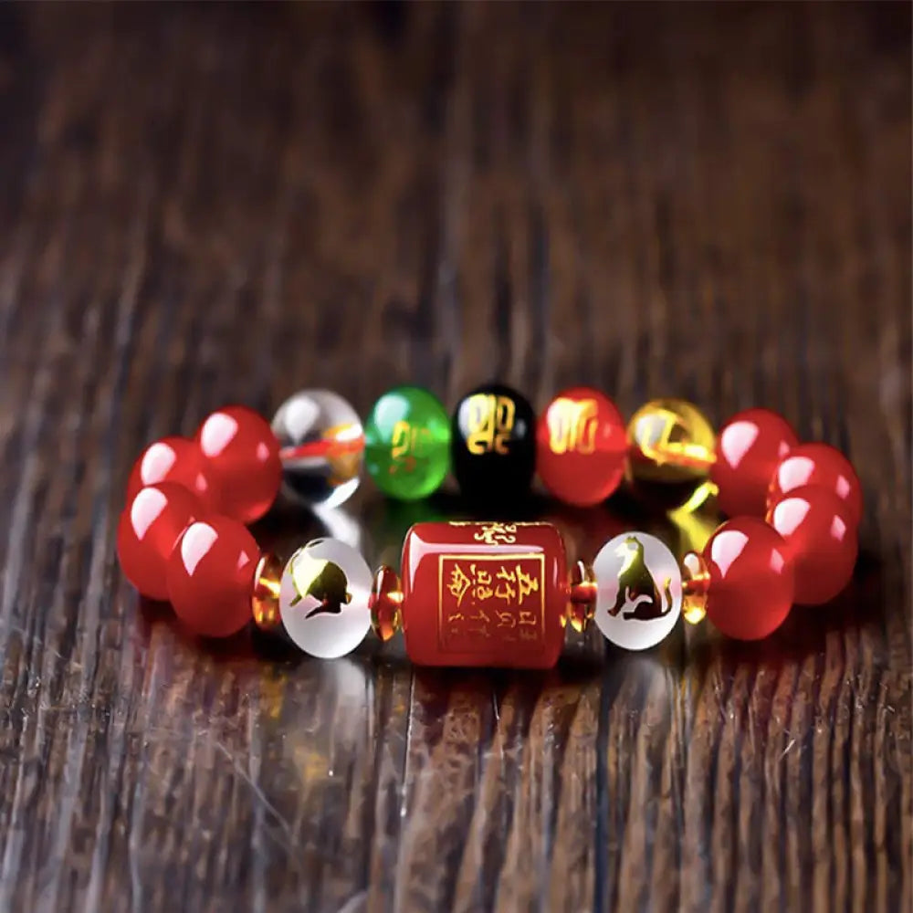 Buddha Stones Chinese Zodiac Feng Shui Obsidian Five-Element Wealth Porsperity Bracelet - BWOOOH - Rat &amp; Ox / Red Agate