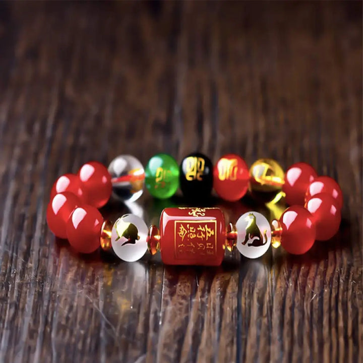 Buddha Stones Chinese Zodiac Feng Shui Obsidian Five-Element Wealth Porsperity Bracelet - BWOOOH - Rat &amp; Ox / Red Agate