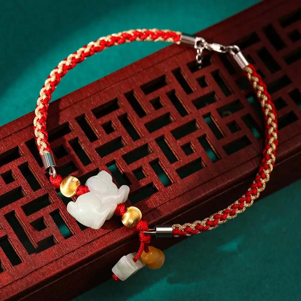 BWOOOH Chinese Zodiac Jade Prosperity Red String Bracelet Anklet - Dog(Bracelet/Anklet Size 19.5 + 4cm)