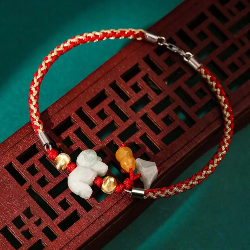BWOOOH Chinese Zodiac Jade Prosperity Red String Bracelet Anklet - Goat(Bracelet/Anklet Size 19.5 + 4cm)