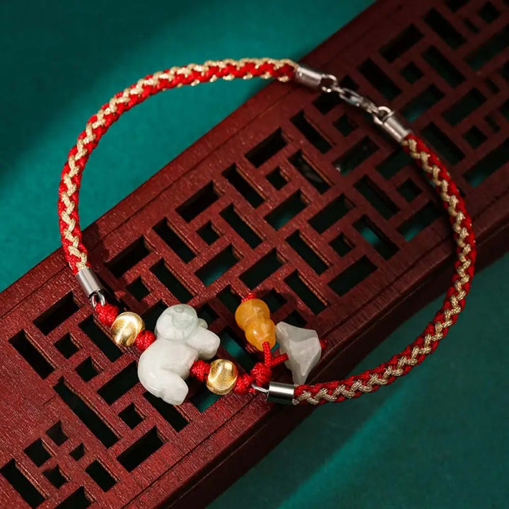 BWOOOH Chinese Zodiac Jade Prosperity Red String Bracelet Anklet - Goat(Bracelet/Anklet Size 19.5 + 4cm)