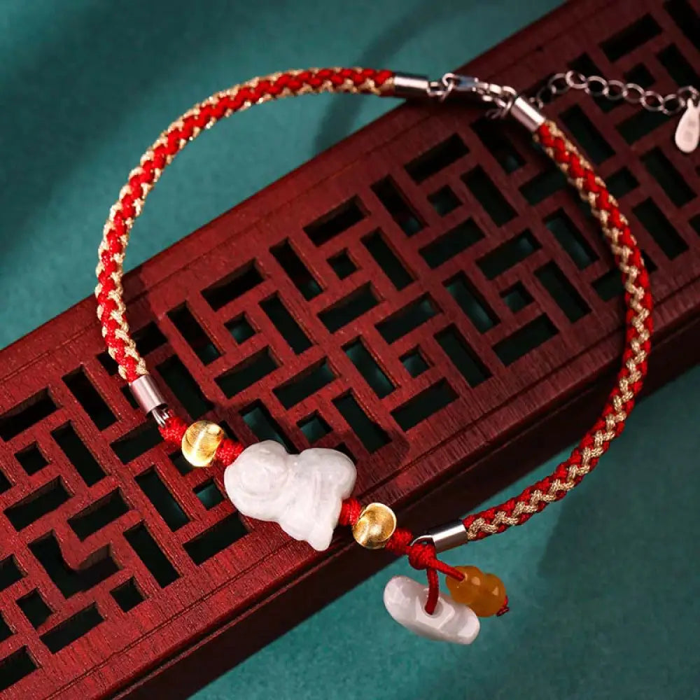 BWOOOH Chinese Zodiac Jade Prosperity Red String Bracelet Anklet - Monkey(Bracelet/Anklet Size 19.5 + 4cm)