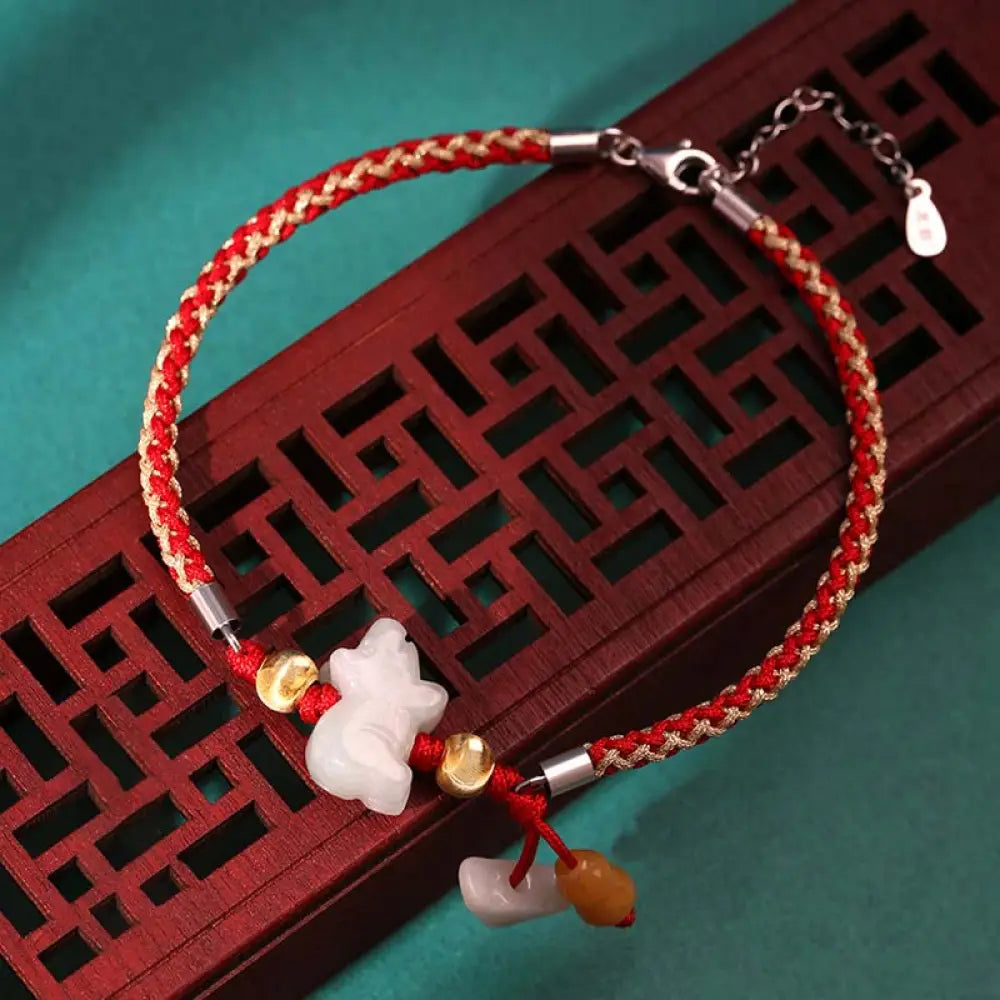 BWOOOH Chinese Zodiac Jade Prosperity Red String Bracelet Anklet - Pig(Bracelet/Anklet Size 19.5 + 4cm)