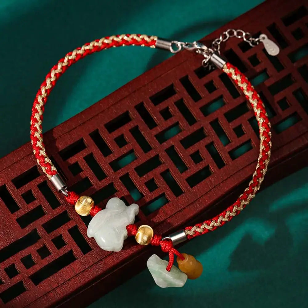 BWOOOH Chinese Zodiac Jade Prosperity Red String Bracelet Anklet - Rabbit(Bracelet/Anklet Size 19.5 + 4cm)
