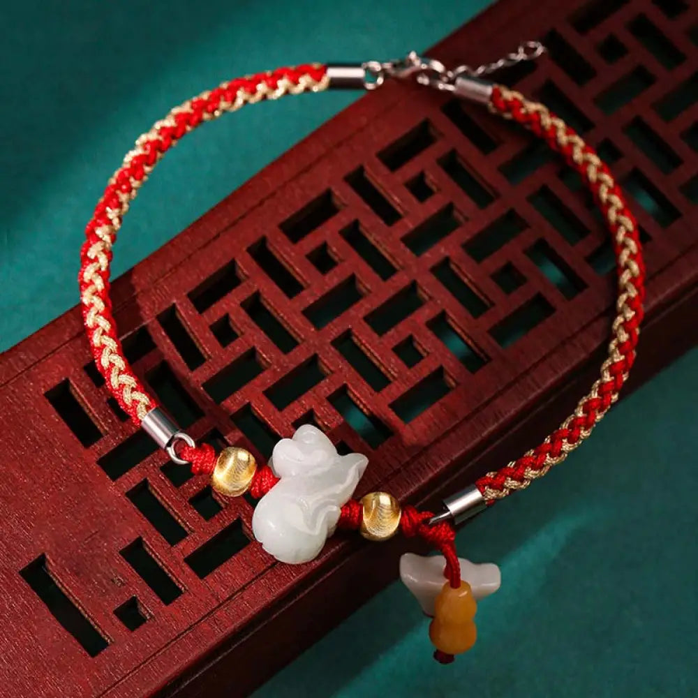 BWOOOH Chinese Zodiac Jade Prosperity Red String Bracelet Anklet - Rat(Bracelet/Anklet Size 19.5 + 4cm)