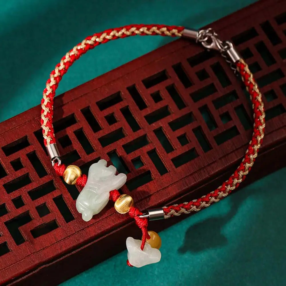 BWOOOH Chinese Zodiac Jade Prosperity Red String Bracelet Anklet - Tiger(Bracelet/Anklet Size 19.5 + 4cm)