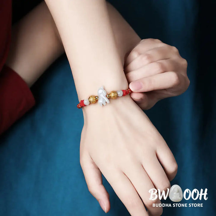 Buddha Stones Chinese Zodiac Jade Silver Beads Year Of The Horse Red String Luck Bracelet - Bracelet