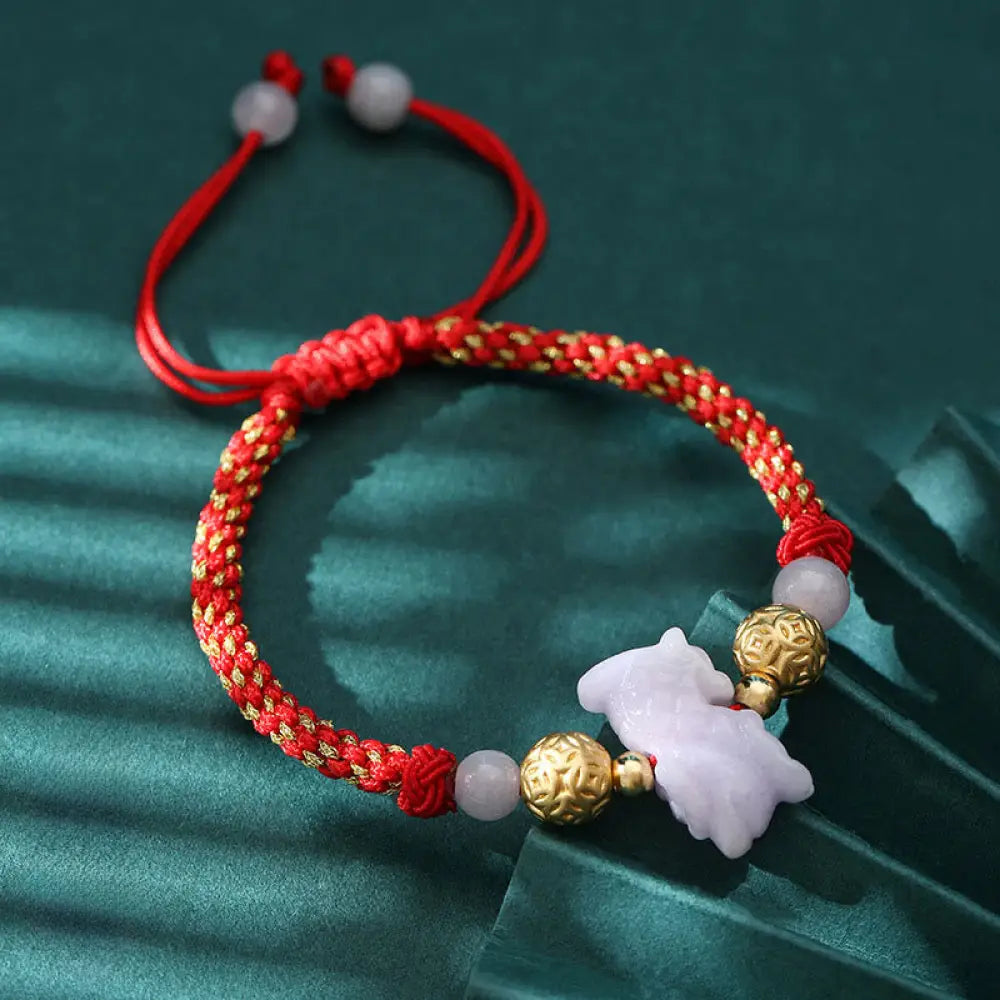 Buddha Stones Chinese Zodiac Jade Silver Beads Year Of The Horse Red String Luck Bracelet - Dragon(Wrist Circumference: