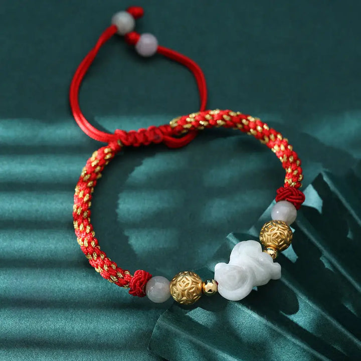 Buddha Stones Chinese Zodiac Jade Silver Beads Year Of The Horse Red String Luck Bracelet - Monkey(Wrist Circumference: