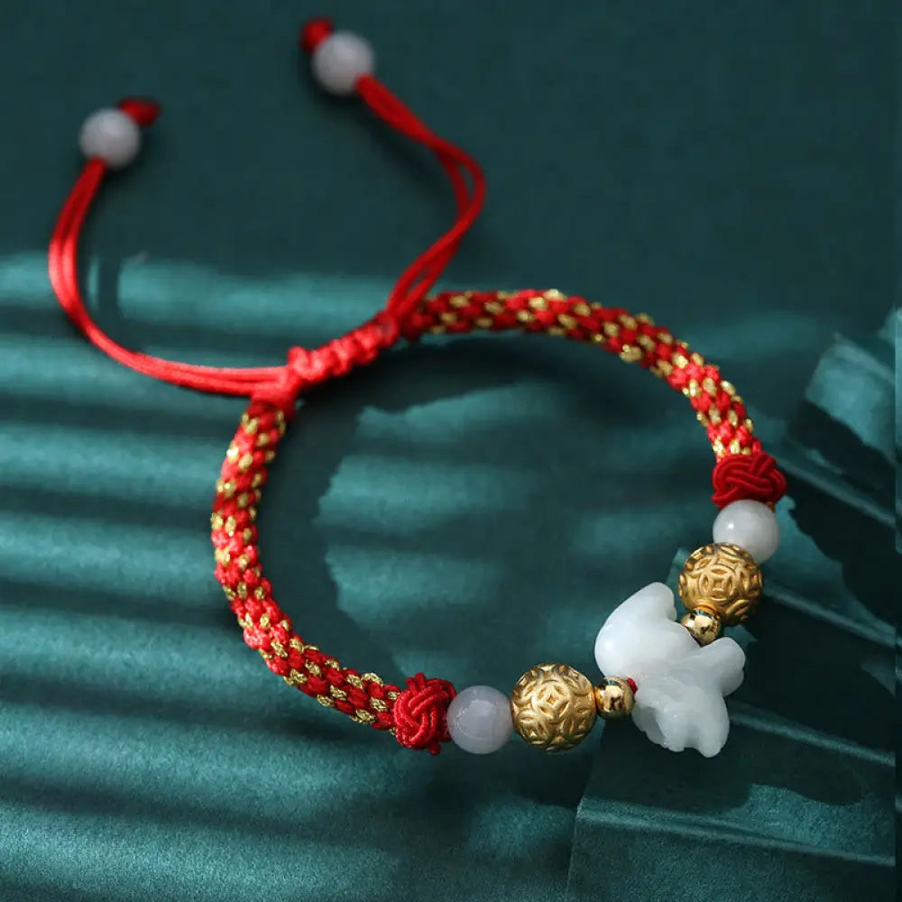 Buddha Stones Chinese Zodiac Jade Silver Beads Year Of The Horse Red String Luck Bracelet - Ox(Wrist Circumference: