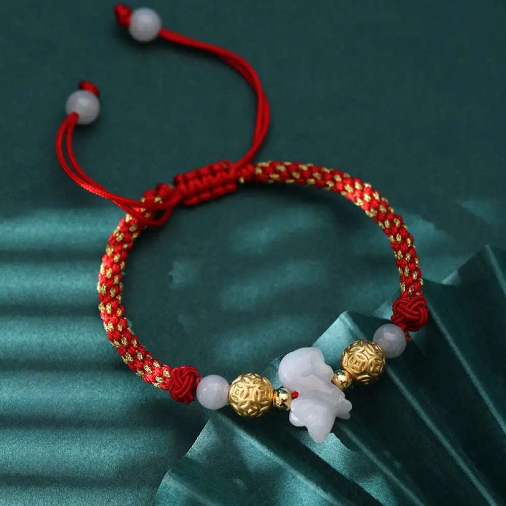 Buddha Stones Chinese Zodiac Jade Silver Beads Year Of The Horse Red String Luck Bracelet - Rat(Wrist Circumference: