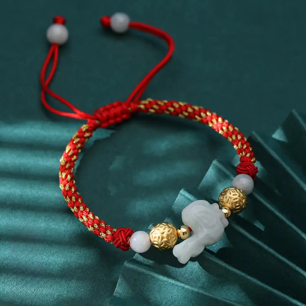 Buddha Stones Chinese Zodiac Jade Silver Beads Year Of The Horse Red String Luck Bracelet - Rooster(Wrist