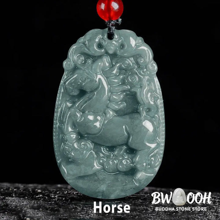 Buddha Stones Chinese Zodiac Jade Year of the Horse Luck Rope Necklace Pendant - BWOOOH - Necklaces &amp; Pendants
