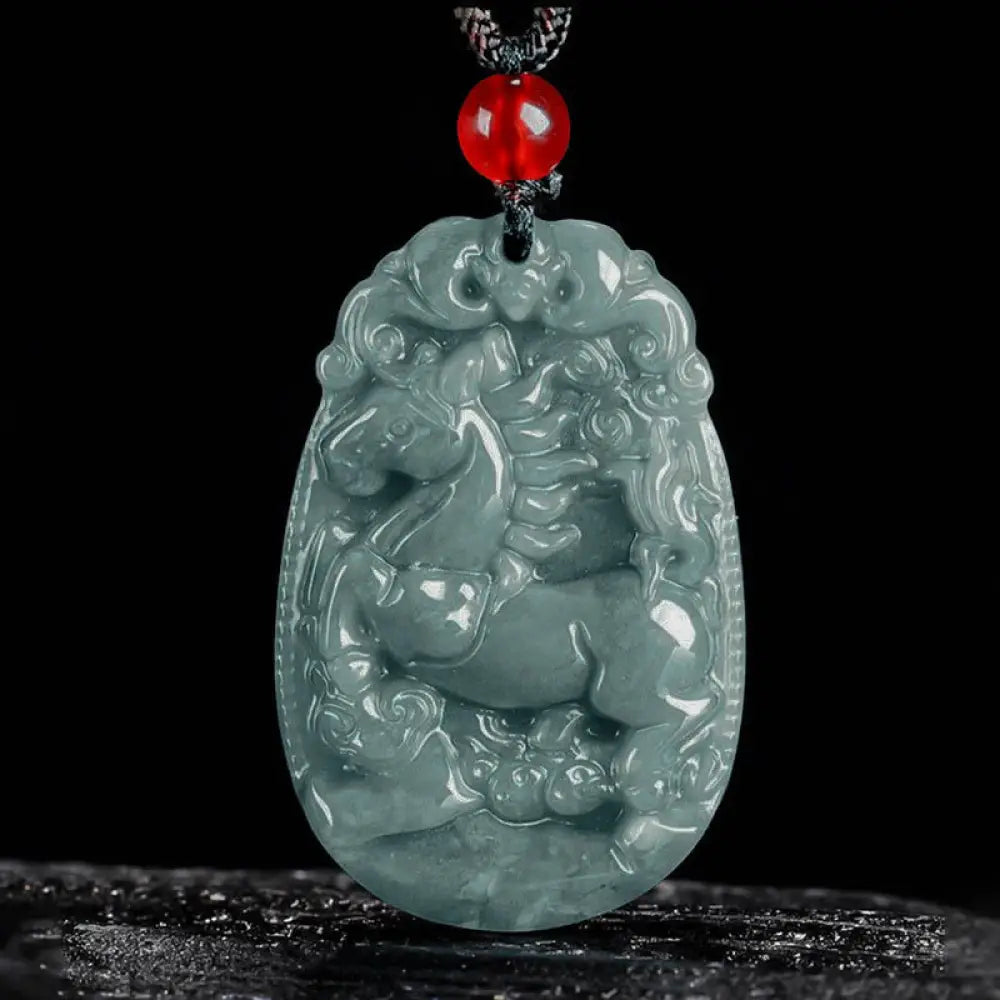 Buddha Stones Chinese Zodiac Jade Year of the Horse Luck Rope Necklace Pendant - BWOOOH - Horse - Necklaces & Pendants