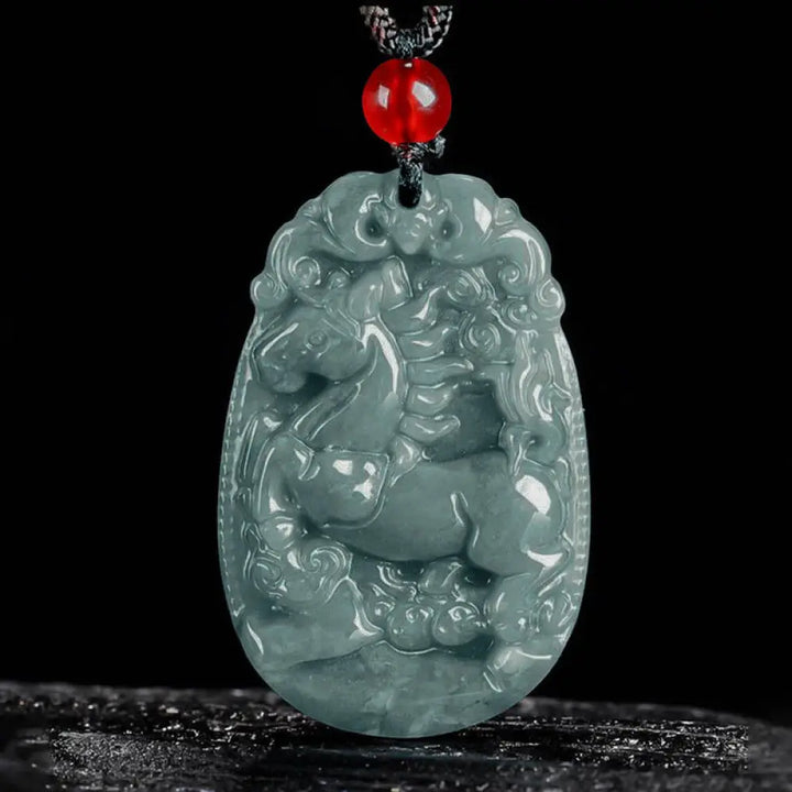 Buddha Stones Chinese Zodiac Jade Year of the Horse Luck Rope Necklace Pendant - BWOOOH - Horse - Necklaces &amp; Pendants