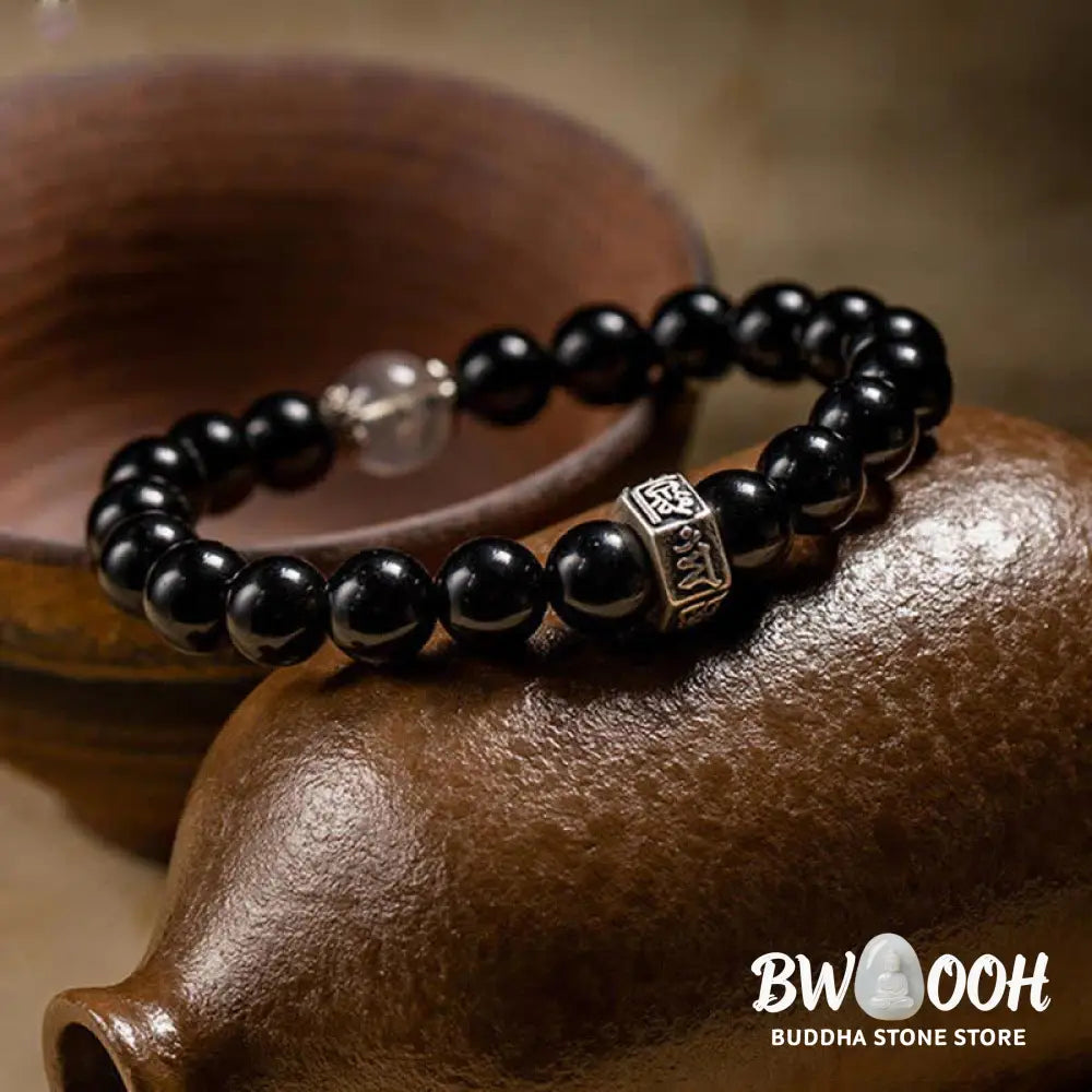 BWOOOH Chinese Zodiac Natal Buddha 925 Sterling Silver Black Obsidian Moonstone Strengt | spiritual healing bracelet