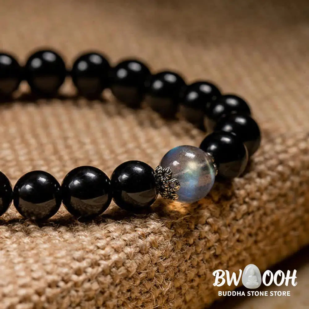 BWOOOH Chinese Zodiac Natal Buddha 925 Sterling Silver Black Obsidian Moonstone Strengt | spiritual healing bracelet