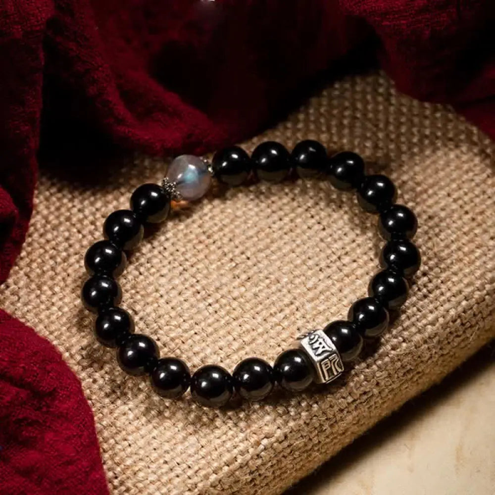 BWOOOH Chinese Zodiac Natal Buddha 925 Sterling Silver Black Obsidian Moonstone Strength Bracelet