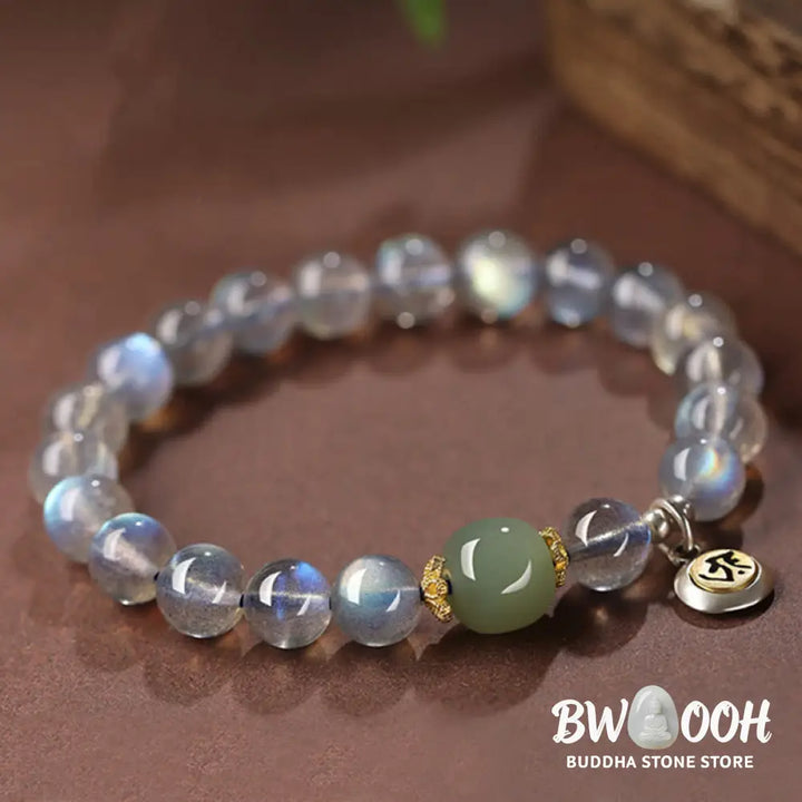 Buddha Stones Chinese Zodiac Natal Buddha 925 Sterling Silver Natural Moonstone Hetian Jade Positive Bracelet - BWOOOH