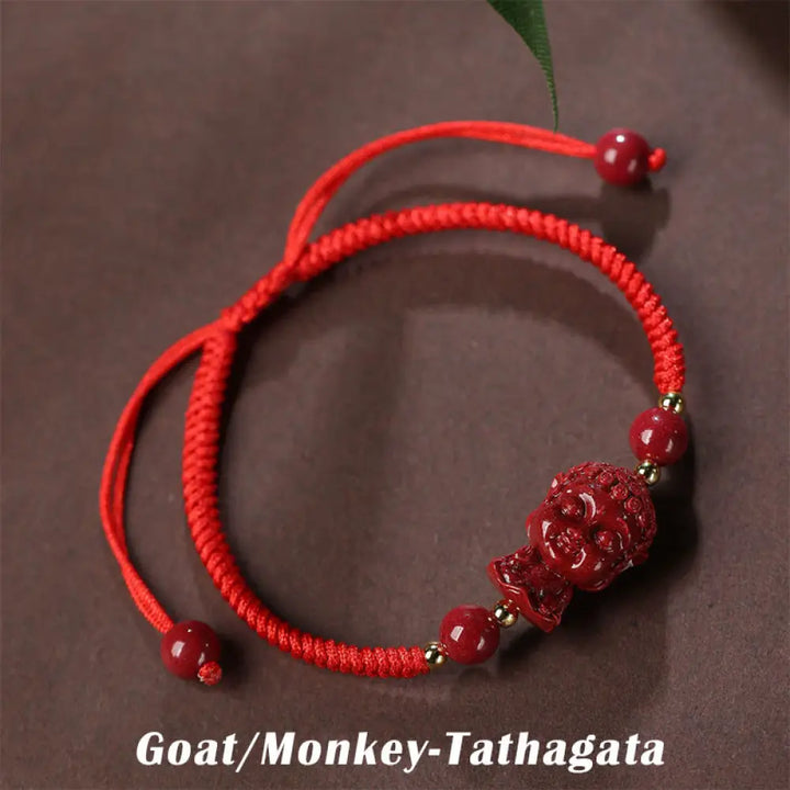BWOOOH Chinese Zodiac Natal Buddha Cinnabar Amulet Blessing String Bracelet - Goat/Monkey-Tathagata(Wrist