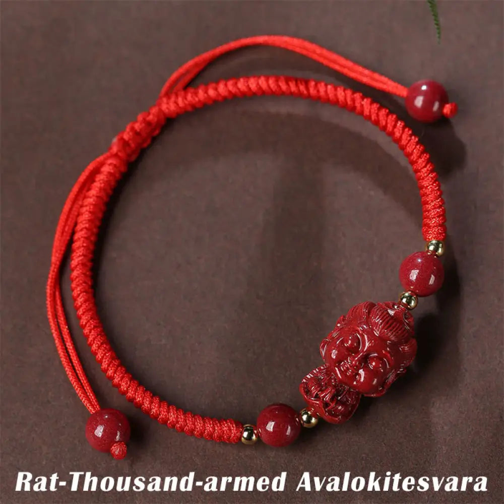 BWOOOH Chinese Zodiac Natal Buddha Cinnabar Amulet Blessing String Bracelet - Rat-Thousand-armed
