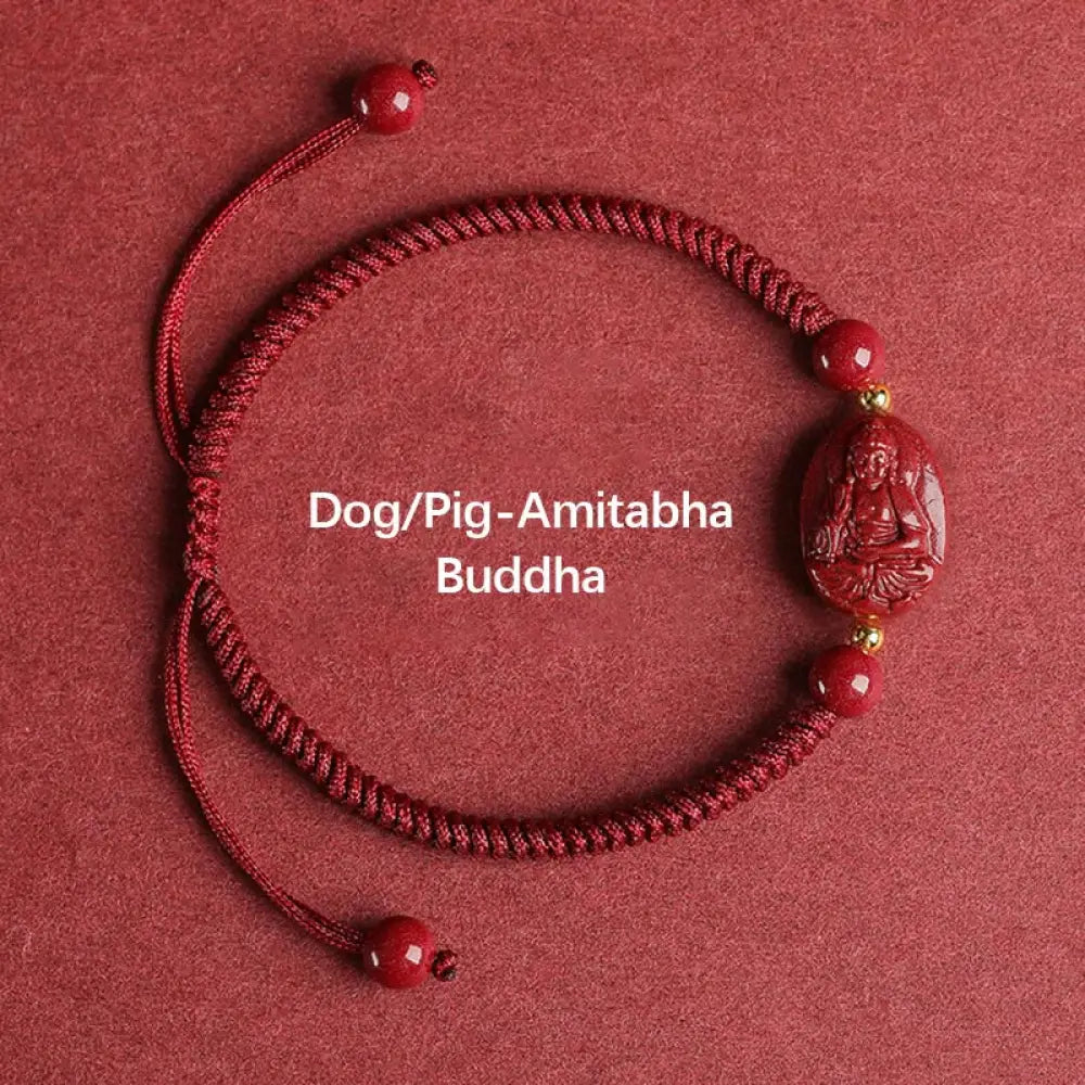 Buddha Stones Chinese Zodiac Natal Buddha Cinnabar Keep Away Evil Spirits Rope Bracelet - BWOOOH - Dog/Pig-Amitabha