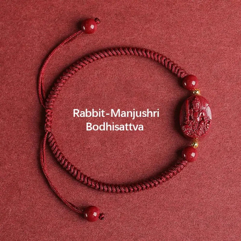 Buddha Stones Chinese Zodiac Natal Buddha Cinnabar Keep Away Evil Spirits Rope Bracelet - BWOOOH - Rabbit-Manjushri