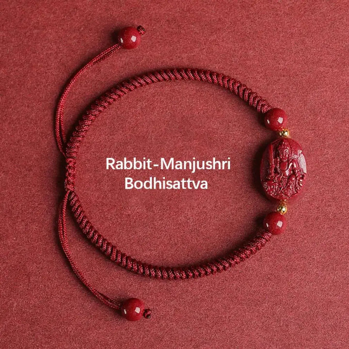 Buddha Stones Chinese Zodiac Natal Buddha Cinnabar Keep Away Evil Spirits Rope Bracelet - BWOOOH - Rabbit-Manjushri